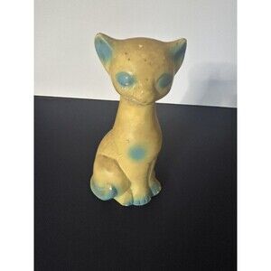 Rare Vintage Ceramic Solid Cat Yellow & Blue 6 in 50’s Kitty Retro